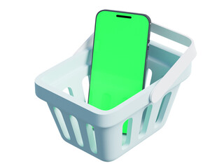 Smartphone with green chromakey screen in a shopping cart, stylized 3d rendering. Buying online, store in a phone, shopping apps concept