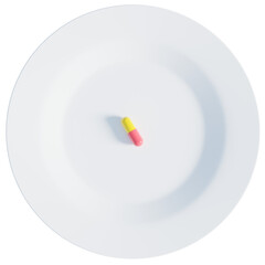 Single pill on a white plate, 3d rendering. Nutritional supplement, taking medication, healthcare and wellbeing concept