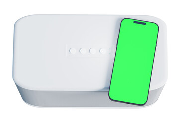 Portable wireless audio speaker system next to a modern smartphone with chromakey screen, 3d rendering. Pairing devices for wireless audio streaming, modern technology and smart speakers