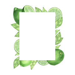 Watercolor frame made of limes, slice of lime, branches and leaves. Hand drawn vignette for cards, invitations, cosmetics or food label design concept, with text space