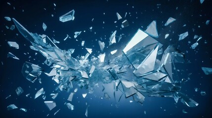 Shattered glass with fragments flying in different directions on a solid background. Generative AI