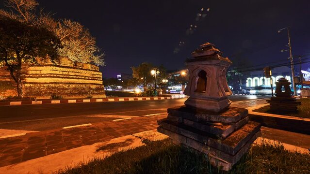 Chaeng Si Phum or Si Phum Corner is the northeastern citadel of the Chiang Mai city wall 4K Time Lapse. Thailand. Faces and logotypes are blurred.