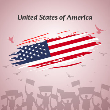 USA National Day Celebration. Patriotic Design with Flag, Birds, and Protestors. Perfect for Independence Day, Memorial Day, Flag Day. Vector Illustration for Social Media, Banners, Greeting Cards.