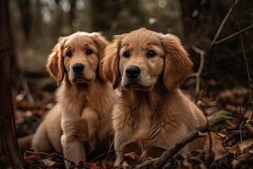 Pictures of golden retrievers as puppies. Generative AI