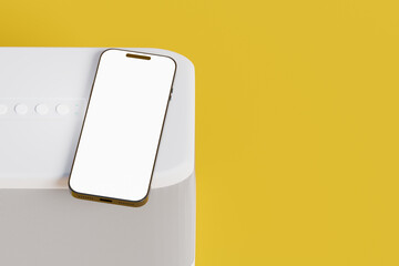 Modern generic smartphone on a smart wireless speaker, 3d rendering. Portable audio device paired to a phone, modern music streaming