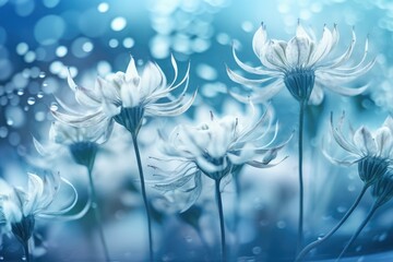 Magnificent macro photograph of magic flowers Design of a border. Light Magic. extreme macro photography Abstract conceptual image Background is blue and white. Fantastical art. A wallpaper design. Lo