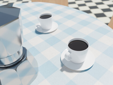 Moka coffee brewer with espresso cups, close-up shot, 3d rendering. Italian coffee culture and cuisine, retro table cloth and floor tiles