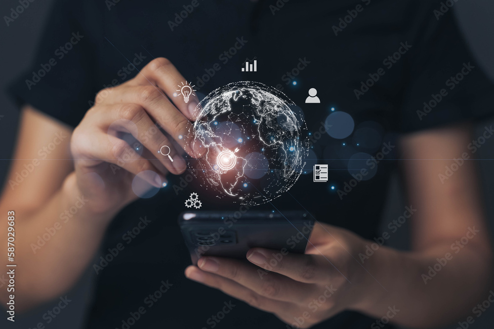 Poster businessman working on mobile phone with internet technology. the concept of targeting with a search