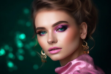 Fototapeta premium Glamor model with stylish makeup shimmer fashion portrait with pink and green, copy space, generative AI tools 