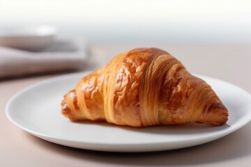 One hot homemade croissant on a white saucer.