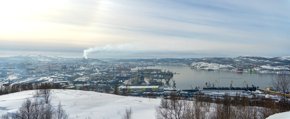 Fototapeta na wymiar Panorama of the city of Murmansk. Russia March 2023