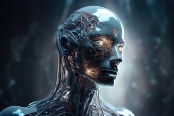 With his s lifted, Cyborg surveys the light coming from above. the head of a biological human robot with wires implanted. futuristic technologies Copy space. Generative AI