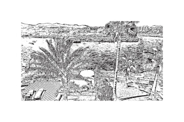 Building view with landmark of Porto Colom is a smallish town in Mallorca. Hand drawn sketch illustration in vector.
