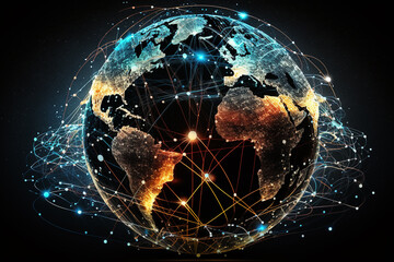 Global network connection concept, big data visualization, social network communication in the global computer networks, Internet technology, Business, Science. Generative AI
