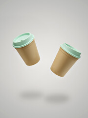 Coffee to go is always the plan.A mockup of two disposal takeaway mugs promoting the concept of eco-friendly and zero waste lifestyle. Brown containers with a pastel green lid create stylish design.