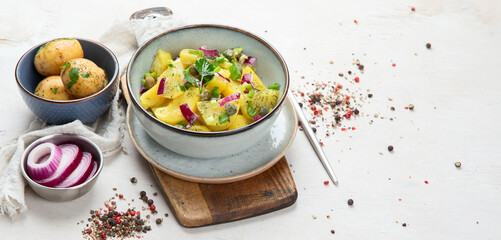 Delicious new potato salad with red onion, capers, greens in a bowl.