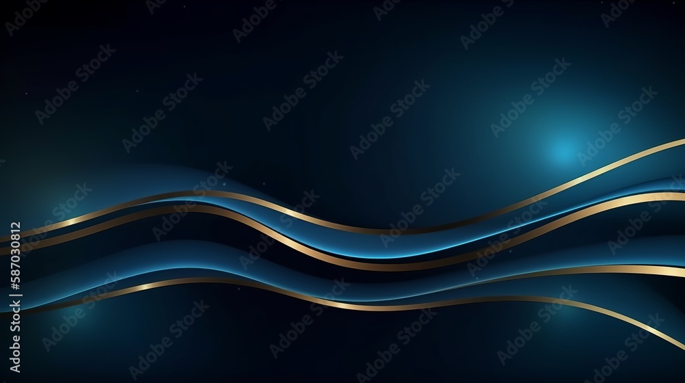 Poster blue luxury background with golden line decoration and curve light effect with bokeh elements. gener
