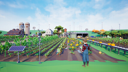Metaverse avatars of people learning to increase agricultural productivity in smart farm of virtual world, 3d render