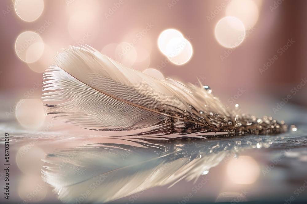 Poster a feather resting on a shiny surface with boket lights in the backgroup of the image in the backgrou
