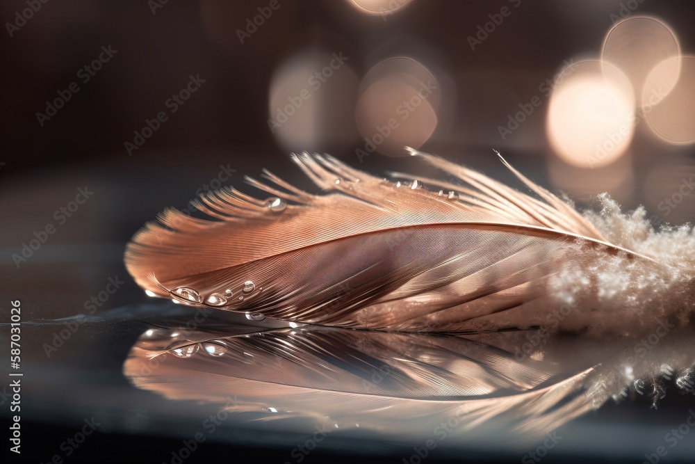 Poster a feather resting on a plate with water droplets on it's surface and boke of light reflecting off th