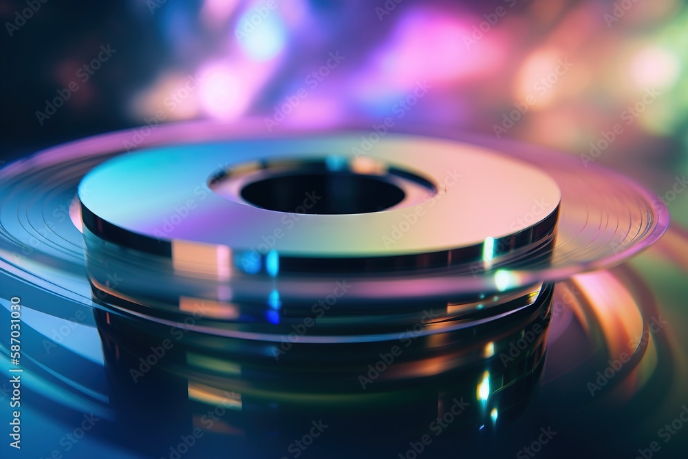 Poster a disc with a reflection on the surface of the disc is in the foreground of the image and a blurry b