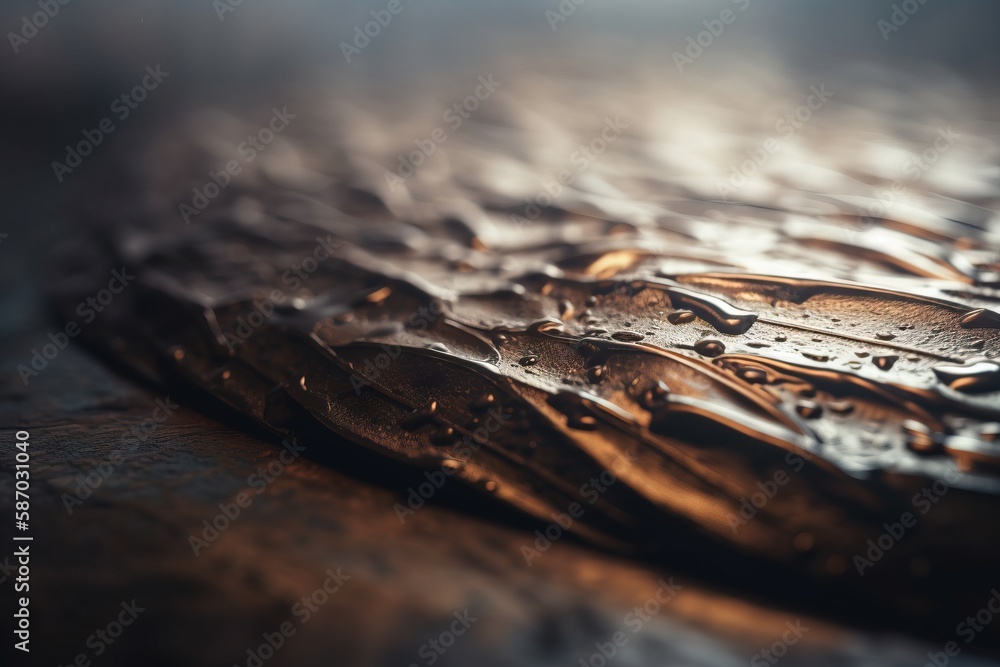 Poster a close up of water droplets on a wooden surface with a blurry back drop of light in the background 