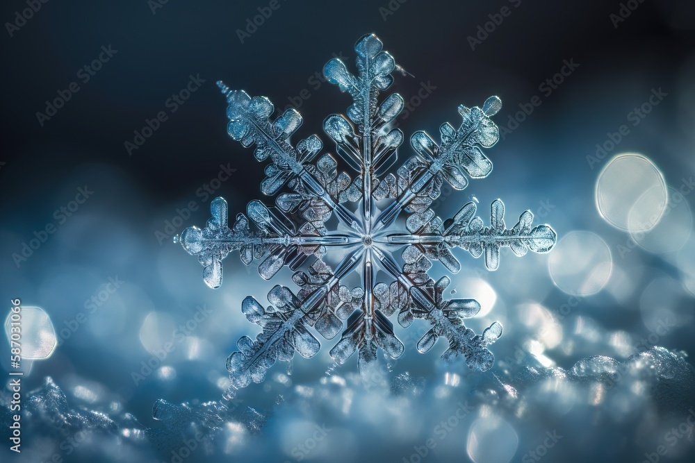 Poster a snowflake is shown in the middle of a blurry image of snow flakes and boke lights in the backgroun