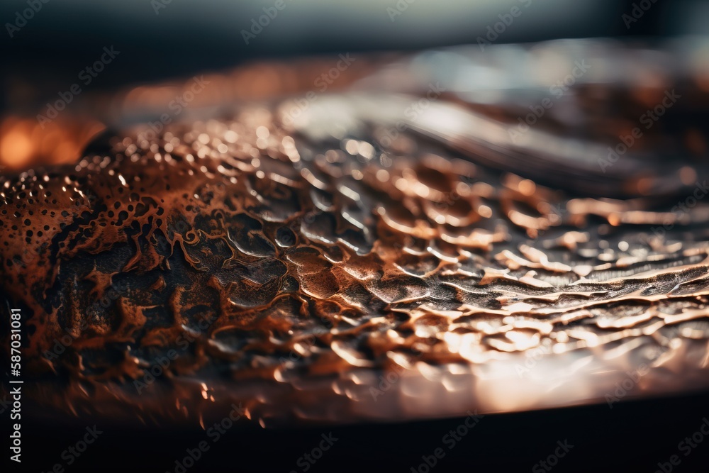 Poster a close up of a metal surface with drops of water on it and a blurry image of the surface of the sur