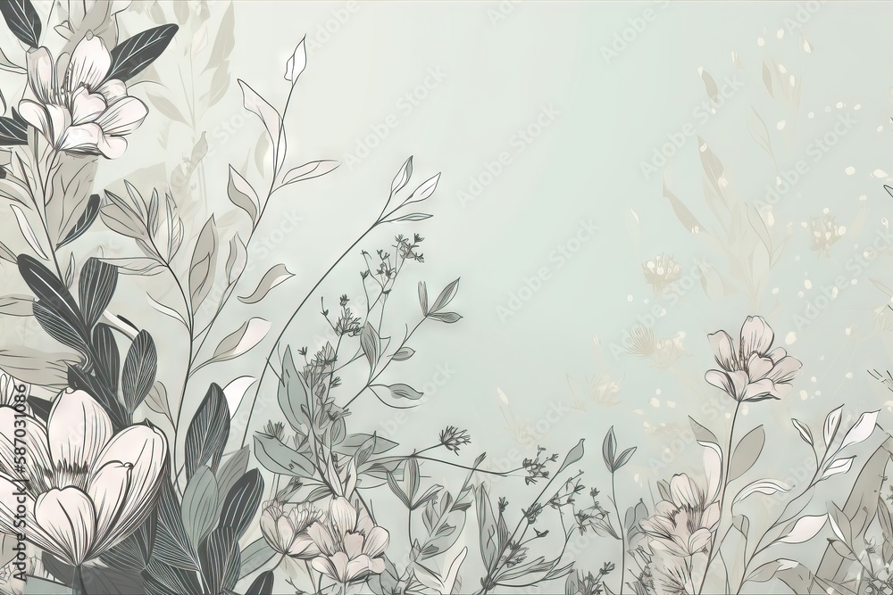 Poster a drawing of flowers and leaves on a light blue background with a white border around the edges of t