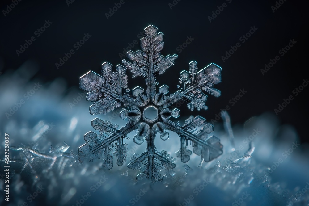 Poster a snowflake is shown in the middle of a dark background with snow flakes in the foreground and the b
