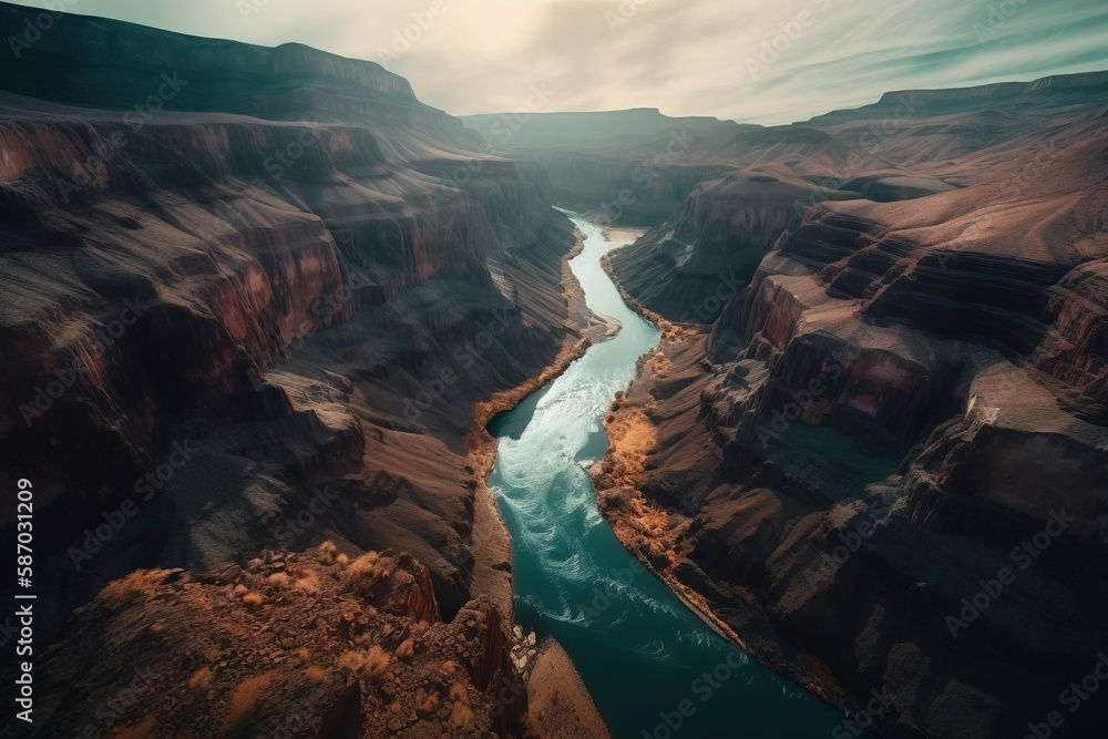 Poster a river running through a canyon surrounded by mountains and cliffs under a cloudy sky with a few cl