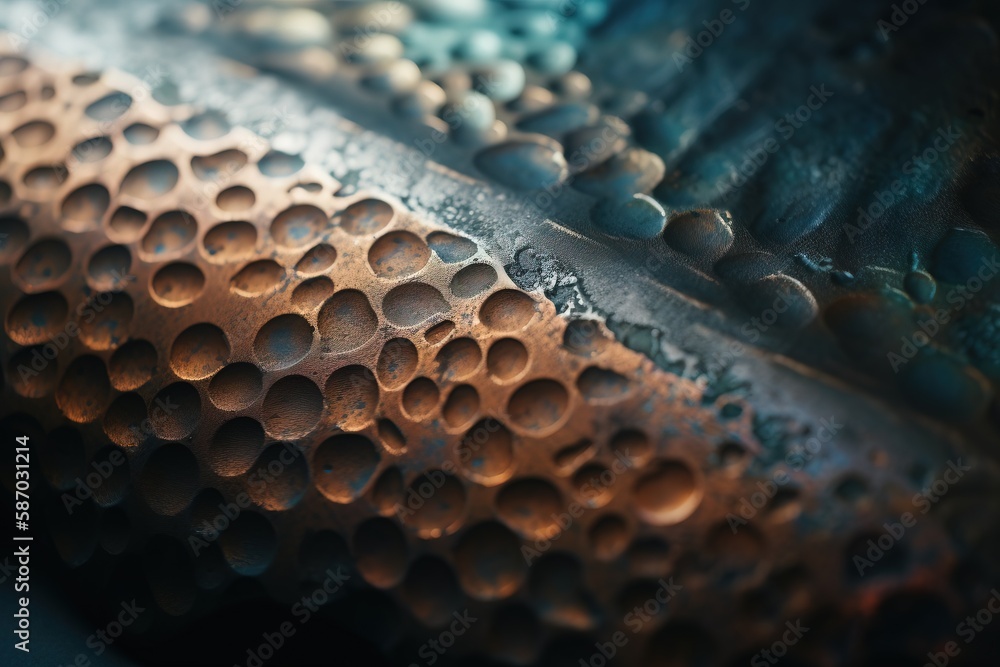 Poster a close up of a piece of metal with holes in the middle of it and water droplets on the side of the 