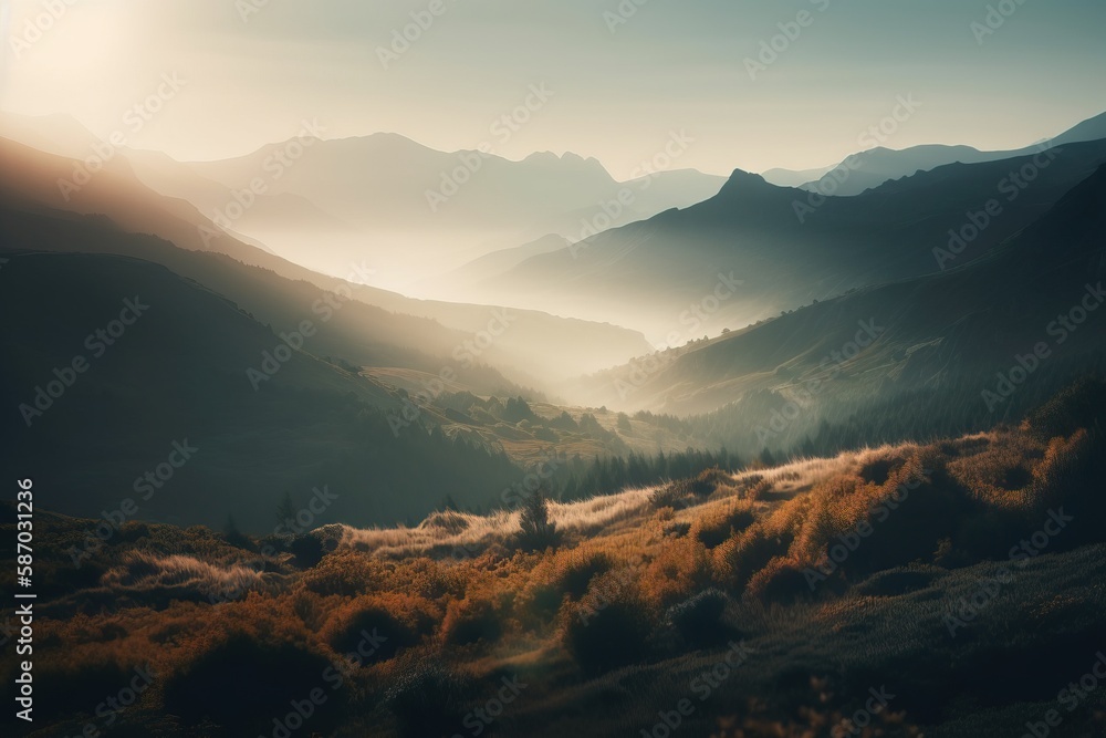 Poster a view of a valley with mountains in the distance and a foggy sky in the distance with a few clouds 