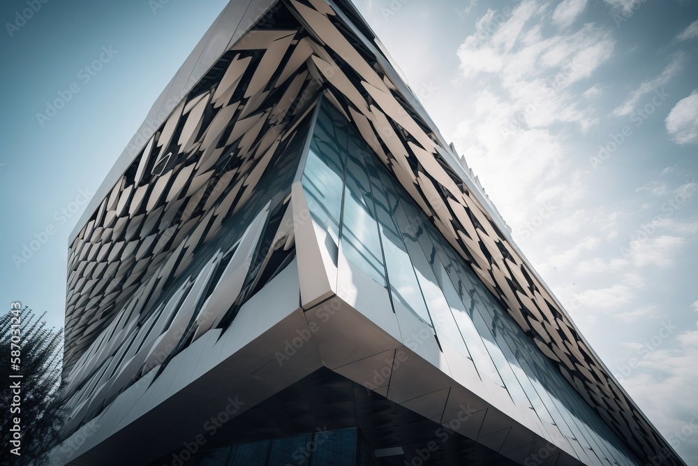 Poster a building that has a very large triangular design on the side of it's face and it's windows are all