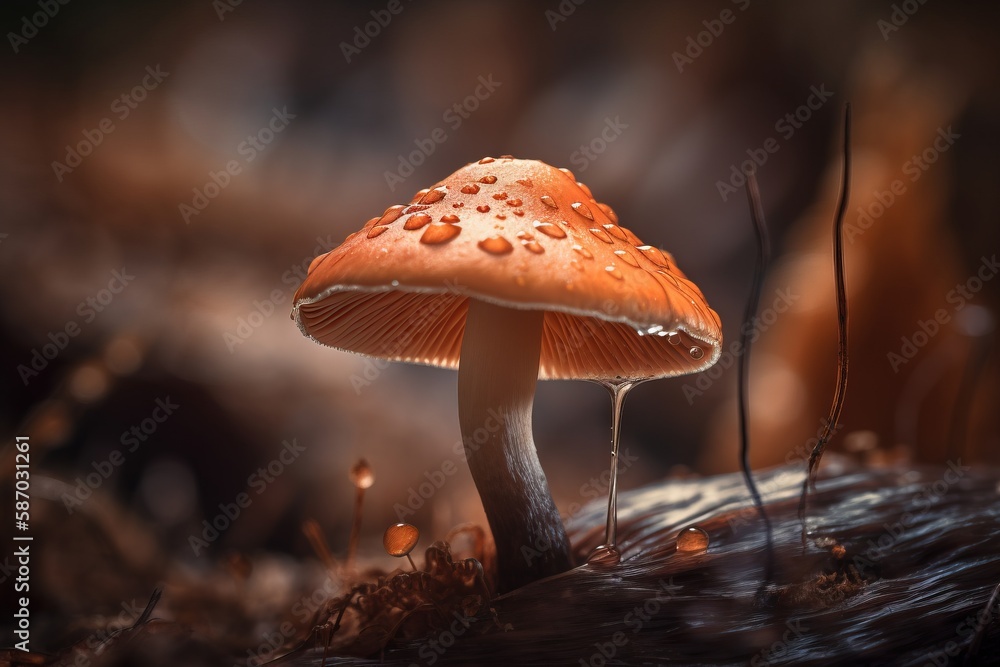 Aufkleber a close up of a mushroom on a tree stump with drops of water on the top of the mushroom and the bott