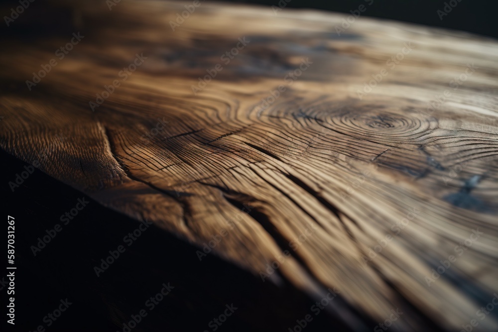 Poster a close up of a wooden table top with a black background and a blurry image of the surface of the ta