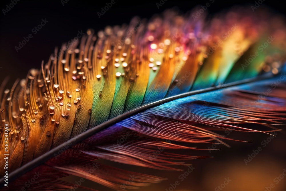 Poster a close up of a colorful feather with drops of water on it's feathers feathers are multicolored, and