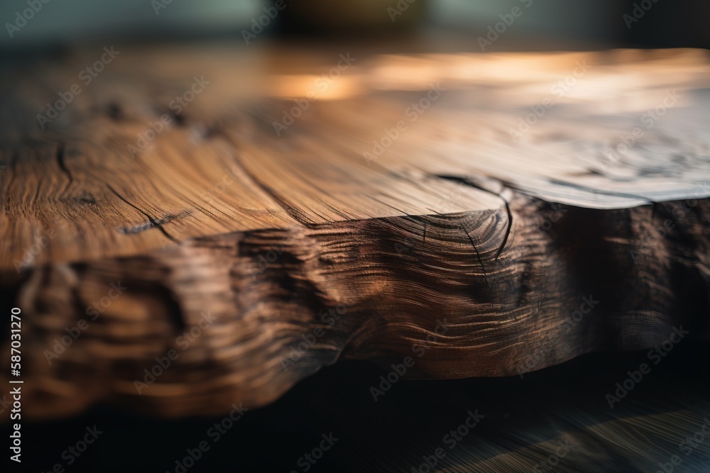 Poster a close up of a wooden table with a vase on top of the table and a blurry image of the table top in 