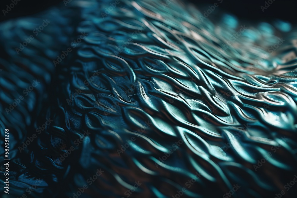 Poster a close up of a shiny surface with a pattern on it's surface and a blurry image of leaves on it's su