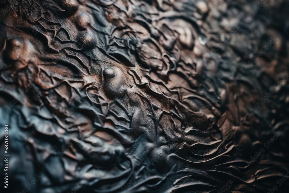 Poster a close up of a textured surface with water drops on it and a blurry image of the surface of the sur
