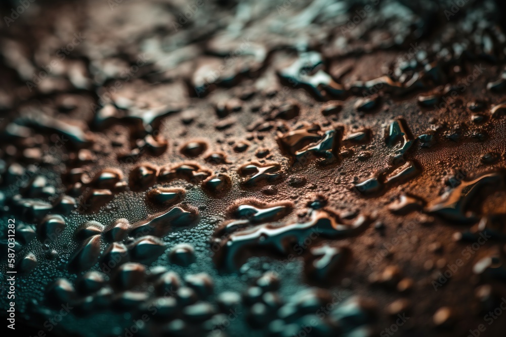 Poster a close up of water droplets on a surface of brown and green color with a black background and a bla