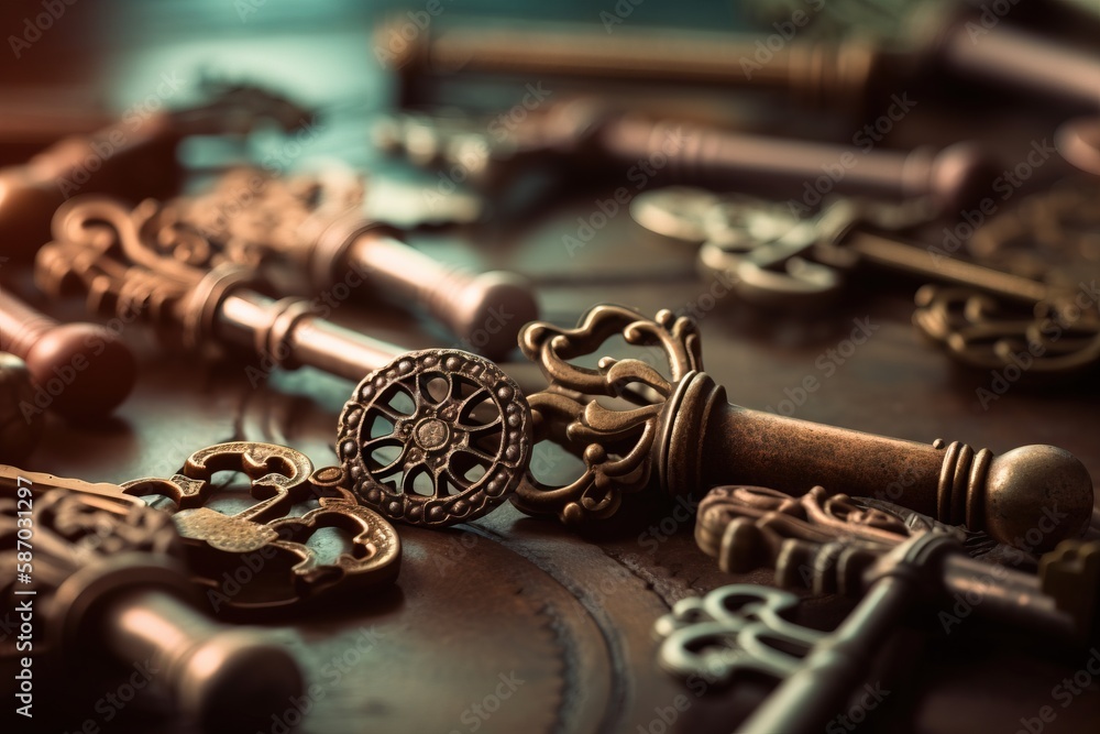 Poster a bunch of keys that are laying on a leather surface with a keyring on top of it, and a bunch of oth
