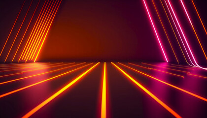 abstract geometric background with pink and orange neon light. Empty room with laser linear shape glowing in the dark. Generative AI