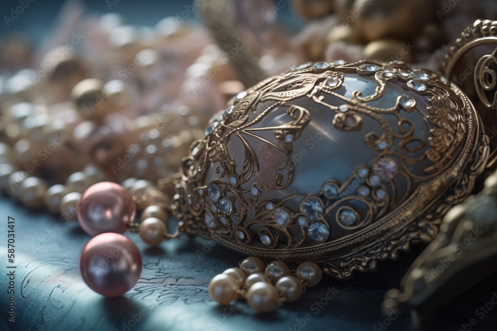 Poster a close up of a bunch of pearls on a table with other beads on the table and a necklace on the table