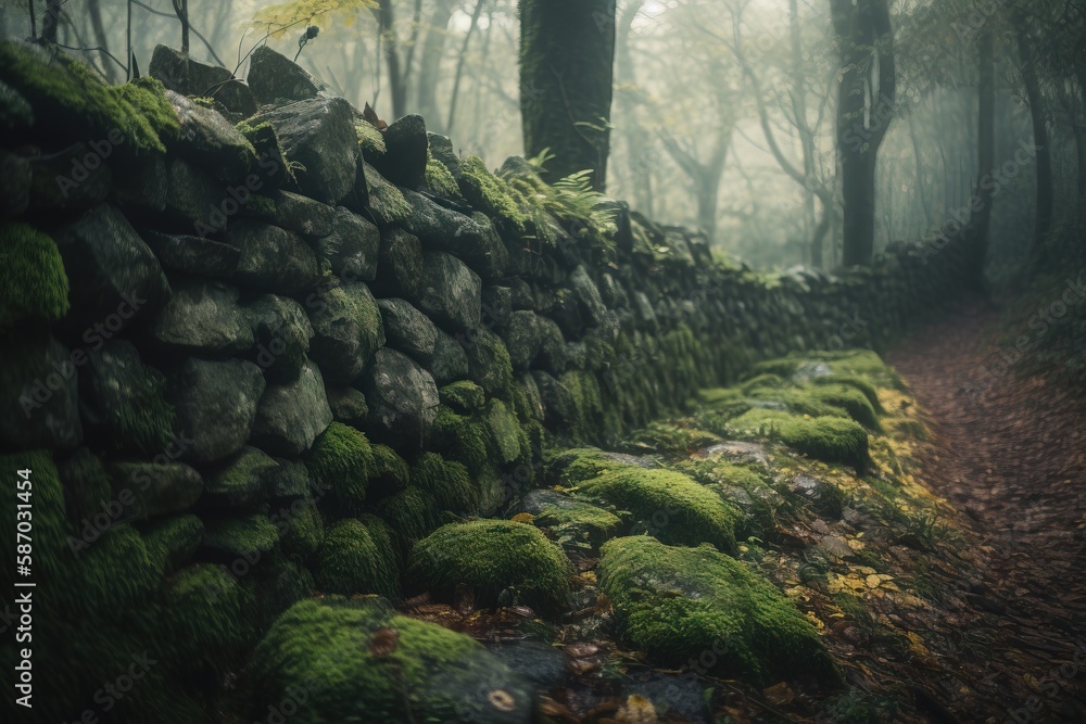 Poster a moss covered stone wall in a forest on a foggy day with a trail in the distance and trees in the b