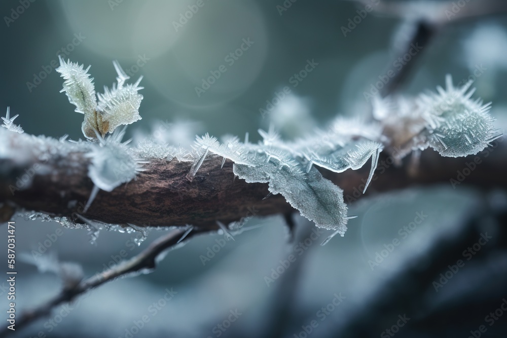 Poster  a close up of a tree branch with frost on the leaves and branches in the foreground and a blurry background of the branches.  generative ai