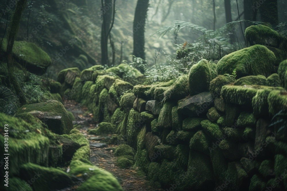 Poster a mossy stone wall in the middle of a forest filled with trees and bushes, with a path running throu