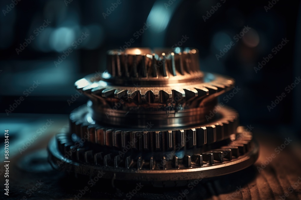 Poster a close up of a metal gear on a table with a blurry image of the gears on the table in the backgroun