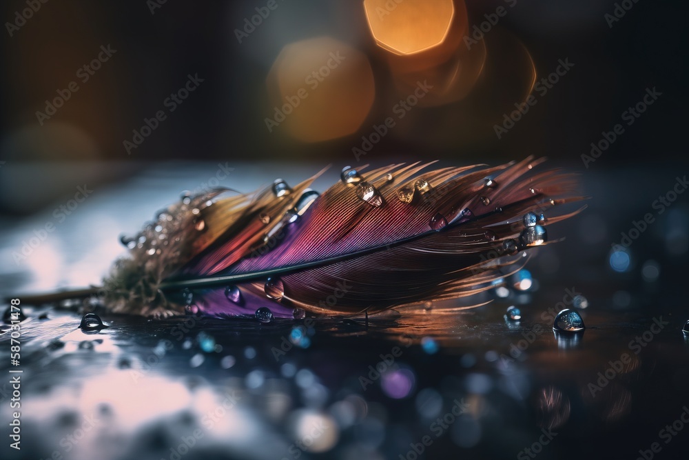 Poster a close up of a feather on a table with water droplets on it and a boke of light in the background w