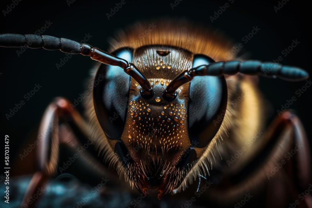 Poster a close up of a bug's head with a black background and a yellow and brown stripe on it's back end an